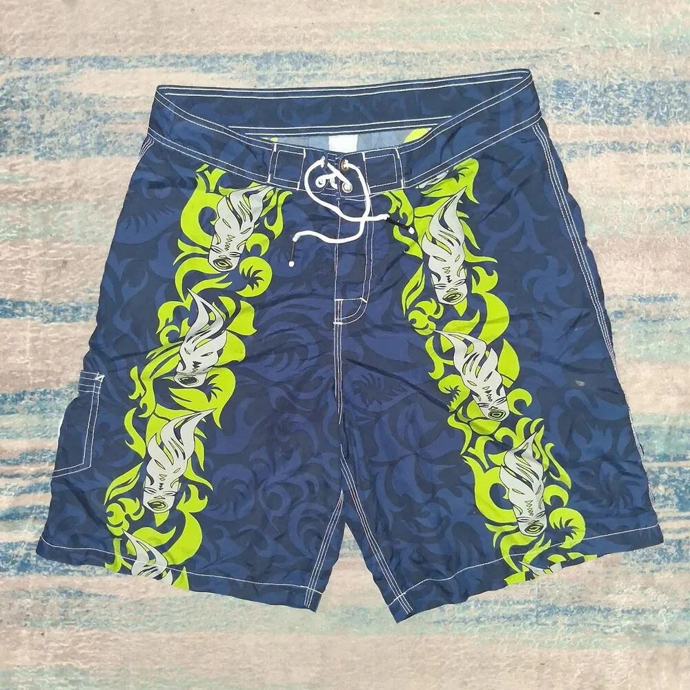 Vtg Rusty Board Shorts Men’s 32 Y2K Tribal Floral Long Surf Tiki Hawaiian Flame